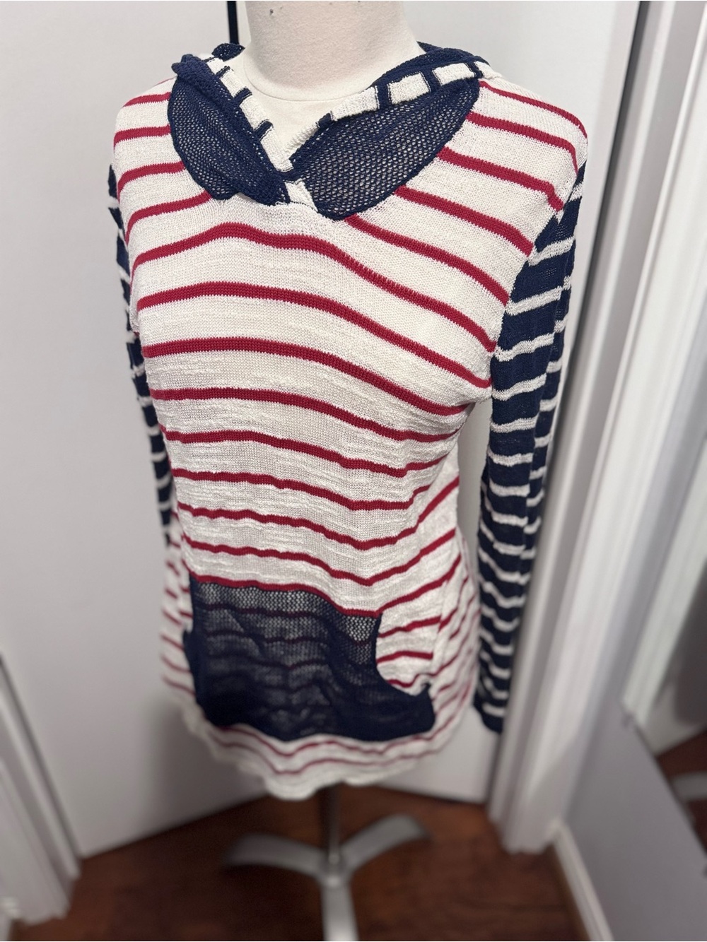 Coldwater Creek Red, White & Navy Striped Hooded Knit Top